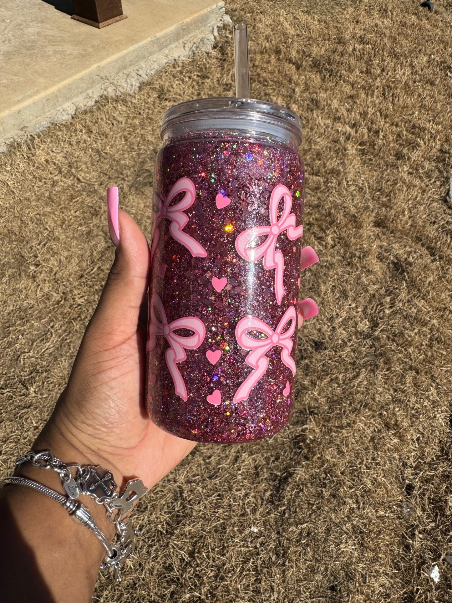 With Love Pink Bow 16oz Snowglobe Tumbler Cup